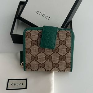 Gucci Compact Wallet GG Canvas and Green Leather